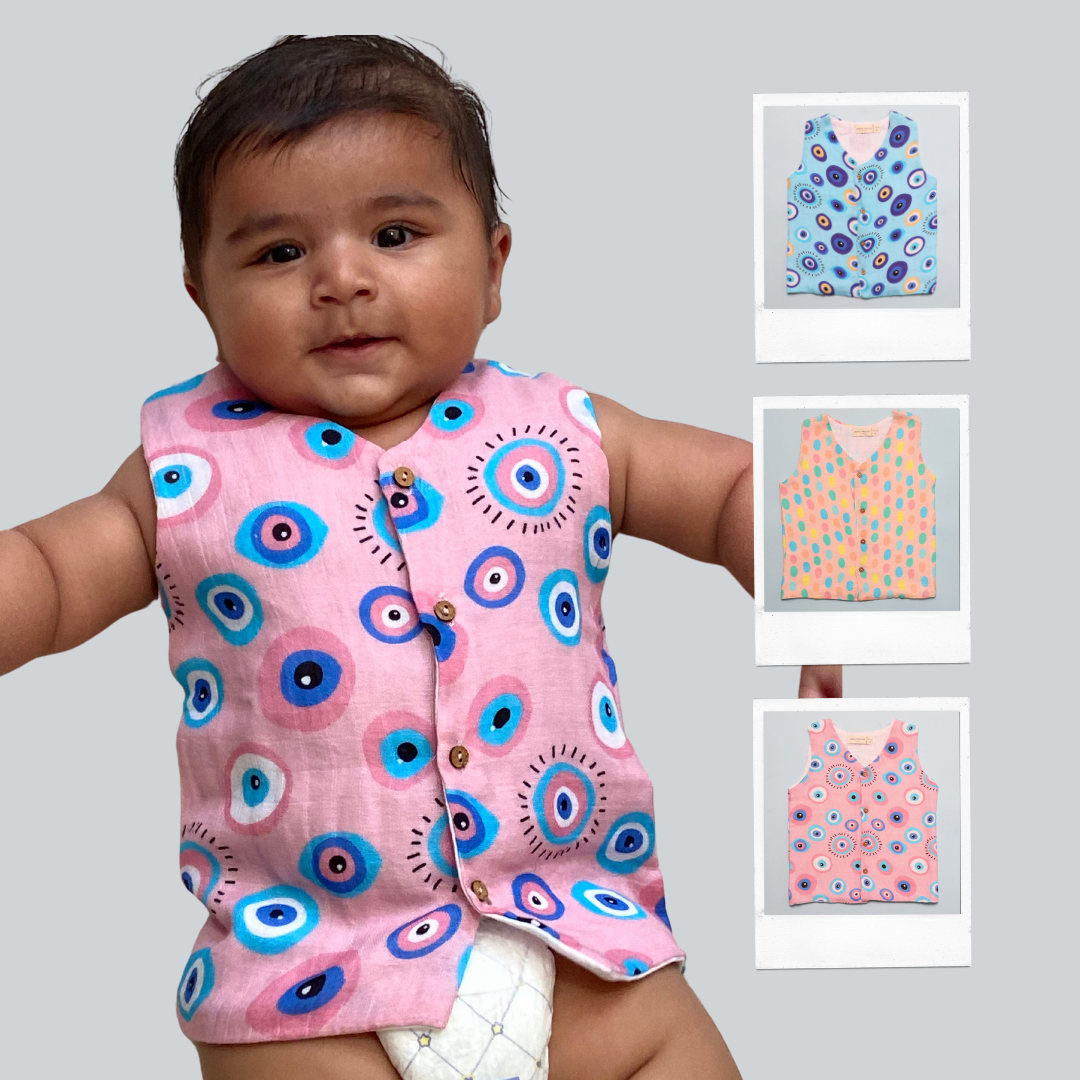 Muslin Vest 3pc Combo - Blue Evil Eye, Pink Evil Eye &amp; Colourful Polka