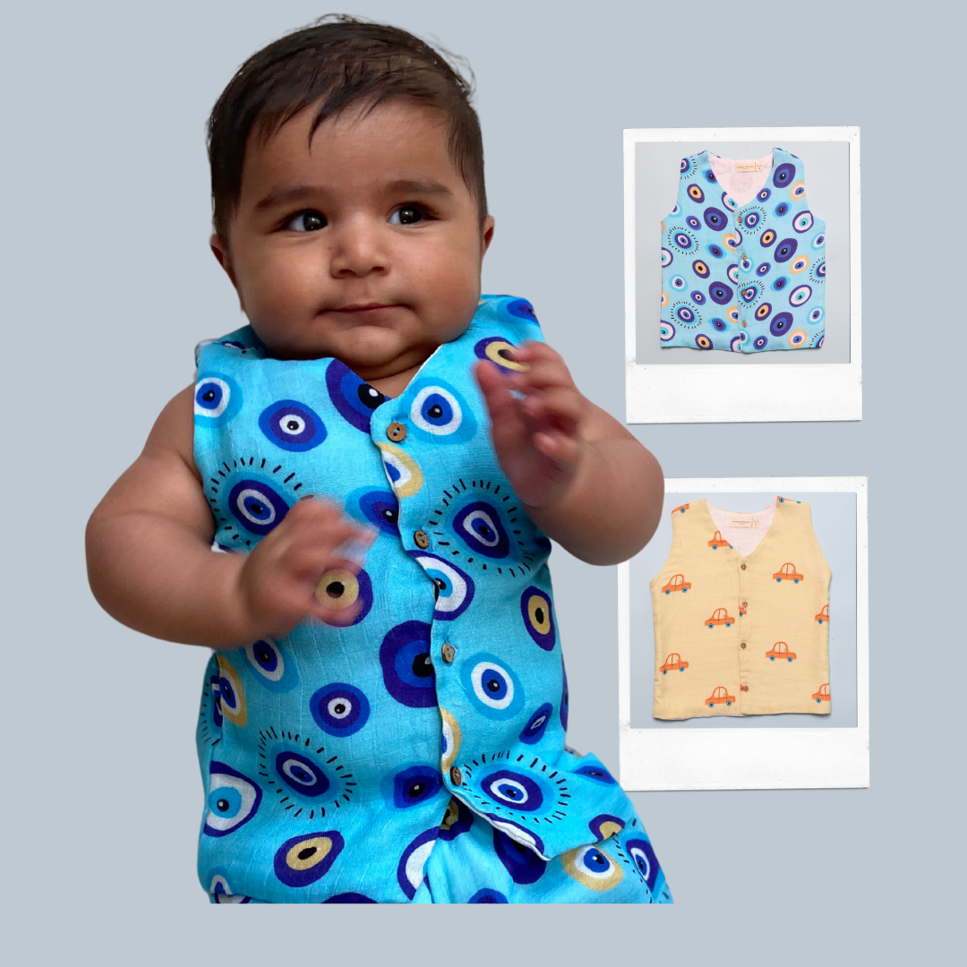 Muslin Vest 2pc Combo - Cars & Blue Evil Eye