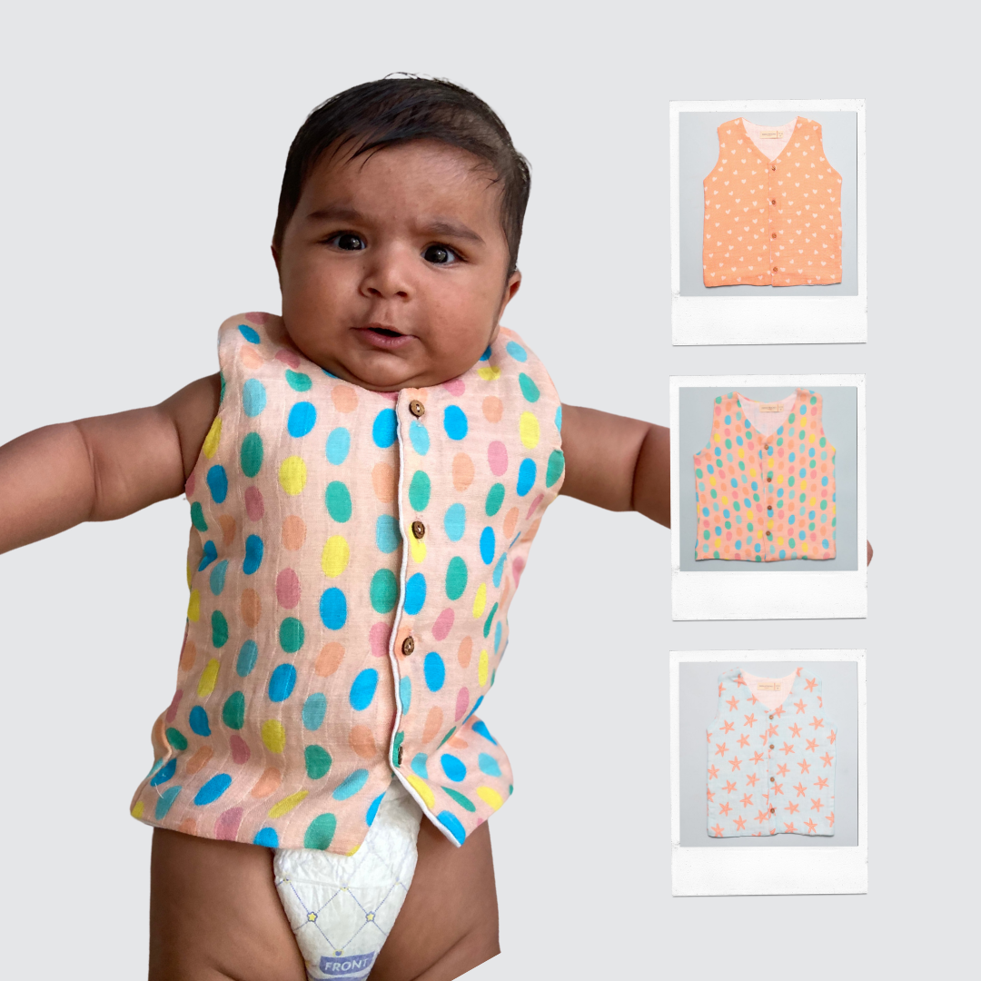 Muslin Vest 3pc Combo - Hearts, Coral Starfish &amp; Colourful Polka