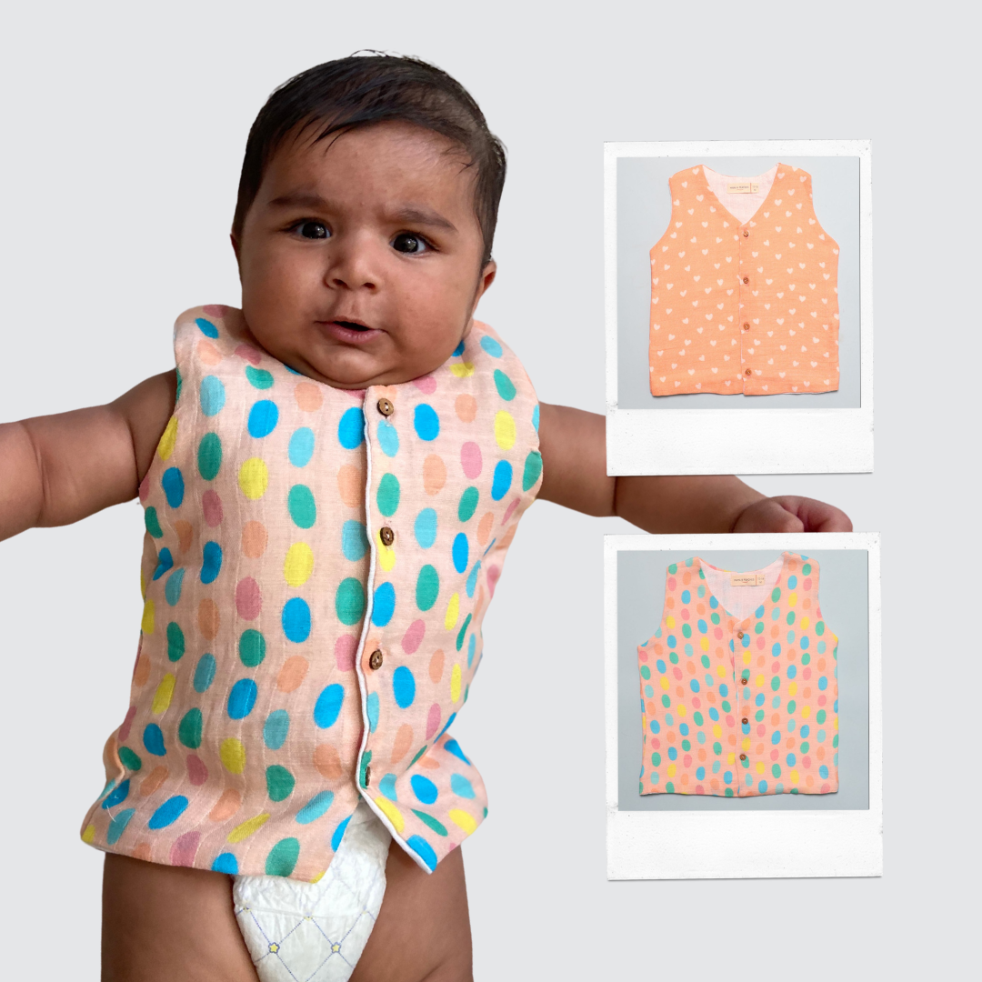 Muslin Vest 2pc Combo - Hearts & Colourful Polka