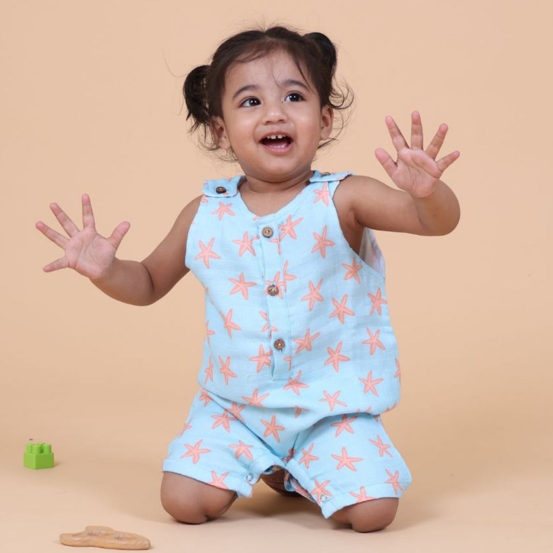 100% Cotton Muslin Double Layer Romper, Coral Starfish