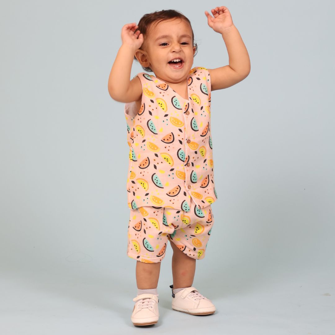 100% Cotton Muslin Jhabla Top with Shorts, Vibrant Lemons