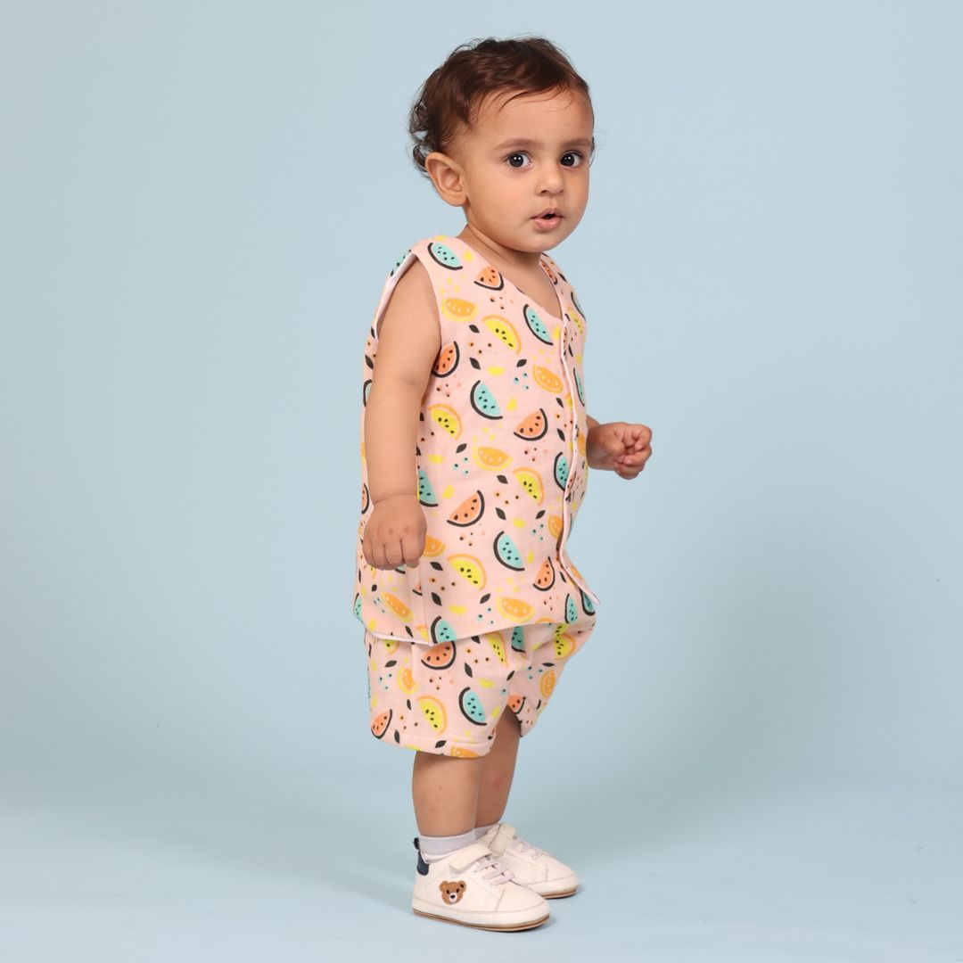 100% Cotton Muslin Jhabla Top with Shorts, Vibrant Lemons