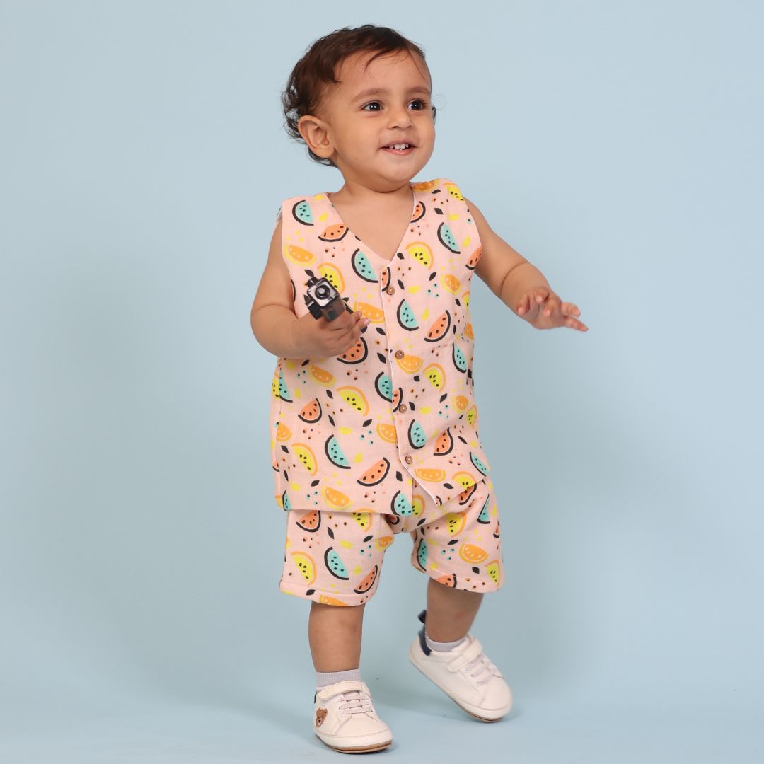 100% Cotton Muslin Jhabla Top with Shorts, Vibrant Lemons