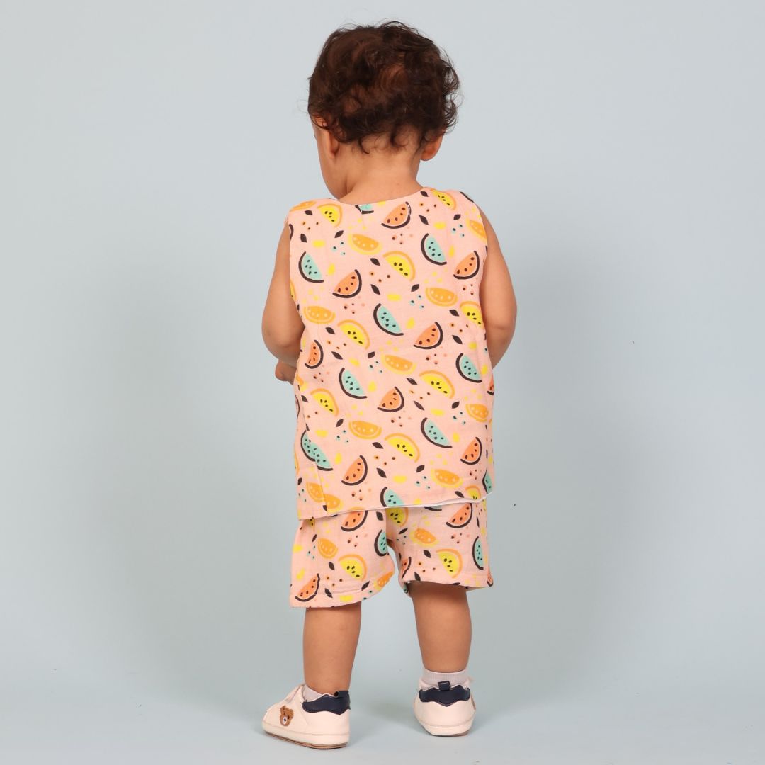 100% Cotton Muslin Jhabla Top with Shorts, Vibrant Lemons