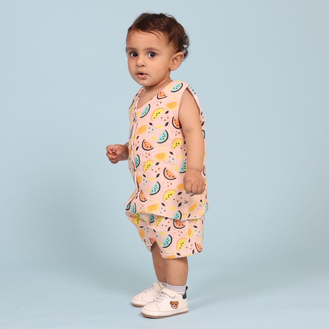 100% Cotton Muslin Jhabla Top with Shorts, Vibrant Lemons