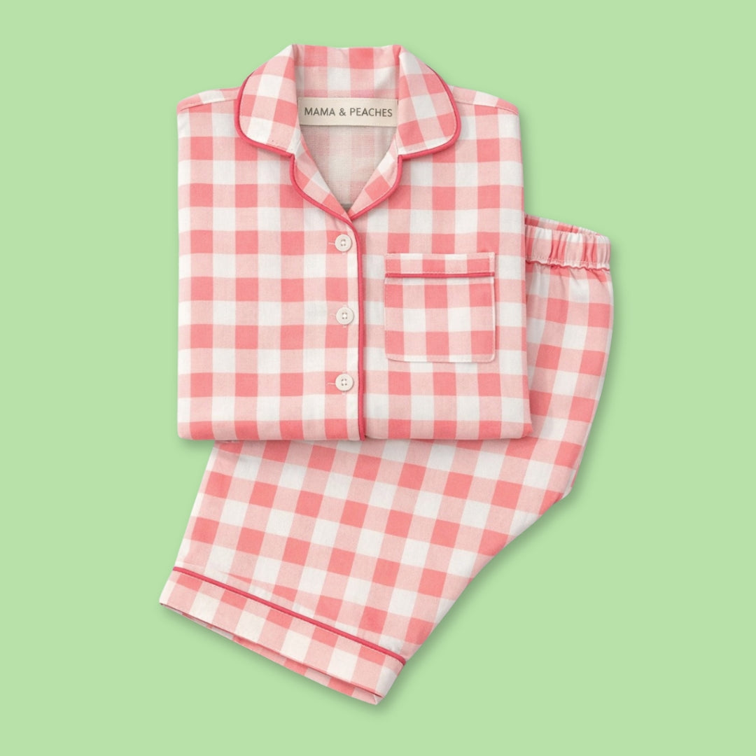 Pink Gingham Full Sleeves Night Suit for women, featuring a classic checkered pattern and comfortable button-up top and