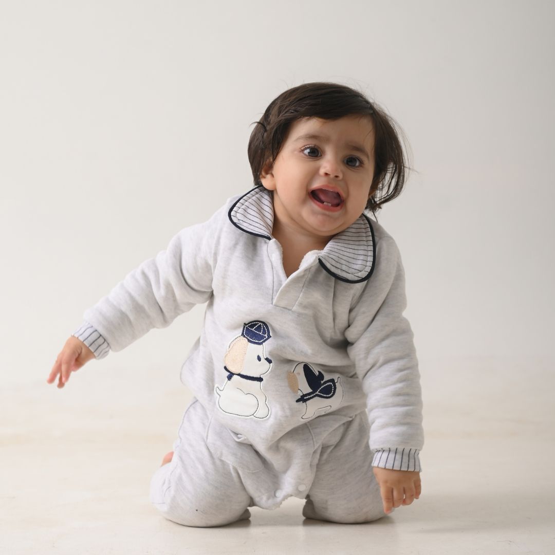 Puppies Collar Fleece Romper with Sherpa