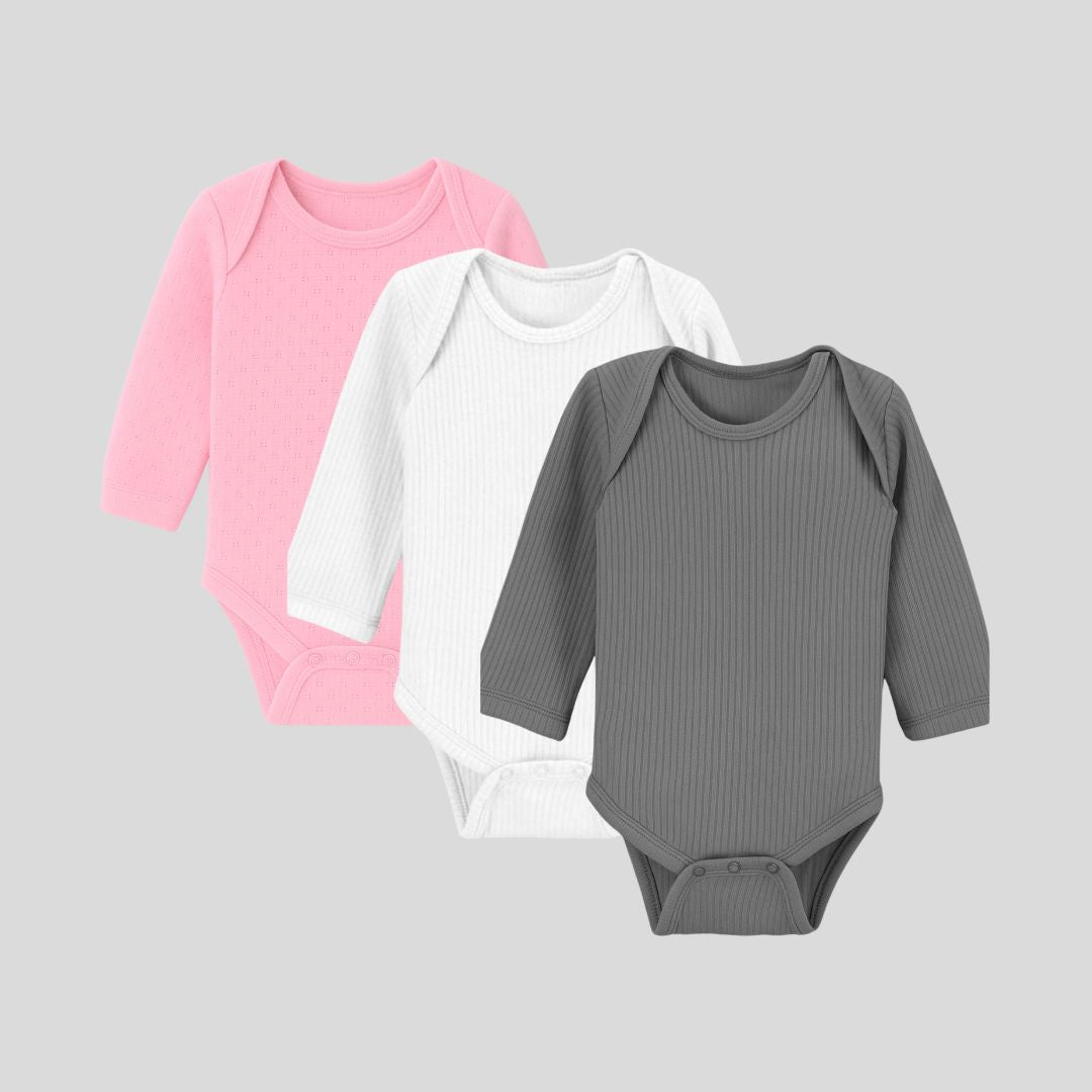 Pack Of 3 Thermal Rompers (White + Dark Grey + Pink)