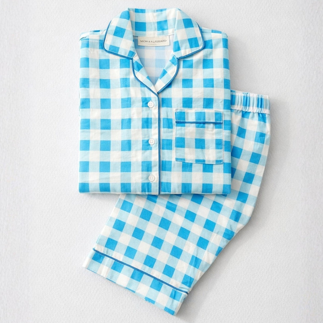 Blue Gingham Full Sleeves Night Suit
