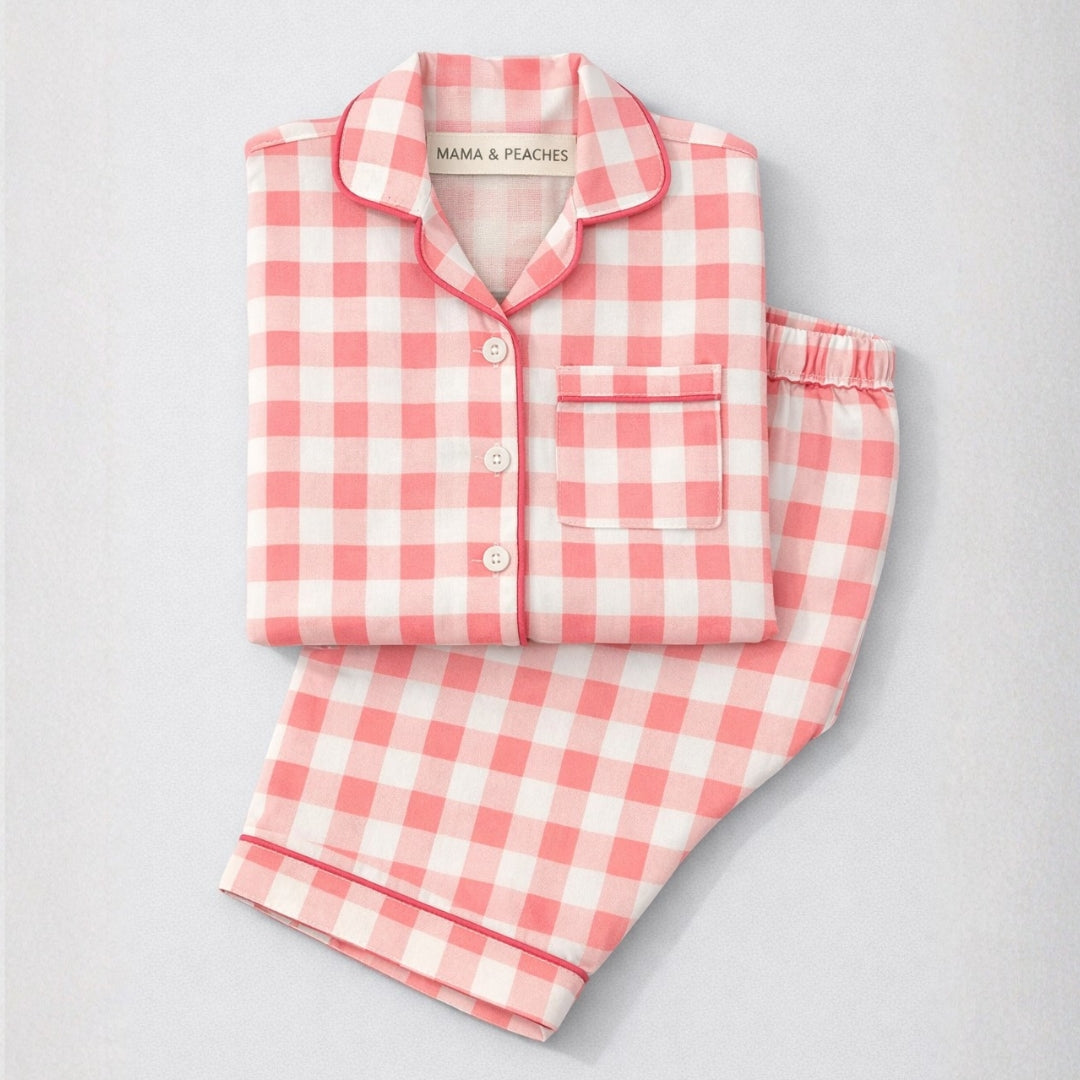 Pink Gingham Full Sleeves Night Suit