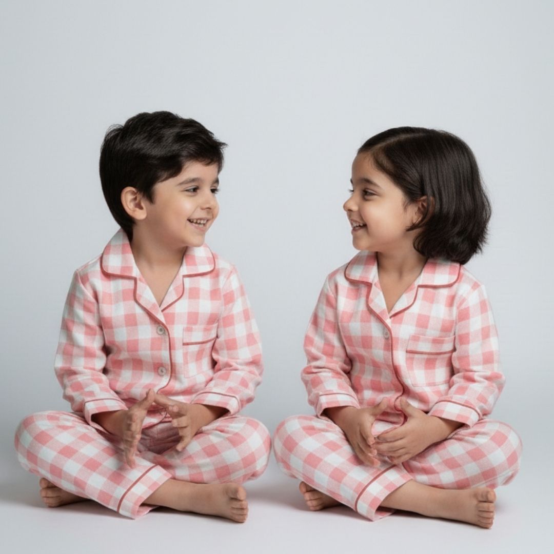 Pink Gingham Full Sleeves Night Suit