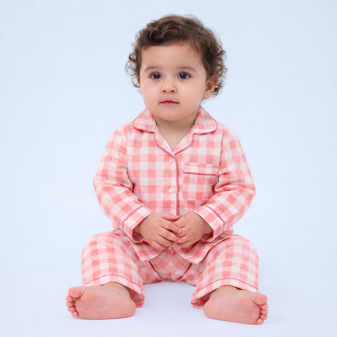 Pink Gingham Full Sleeves Night Suit