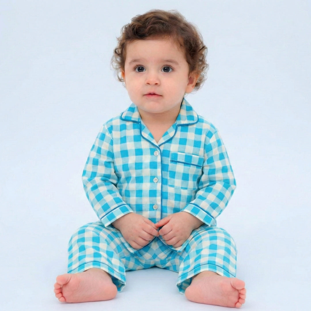 Blue Gingham Full Sleeves Night Suit