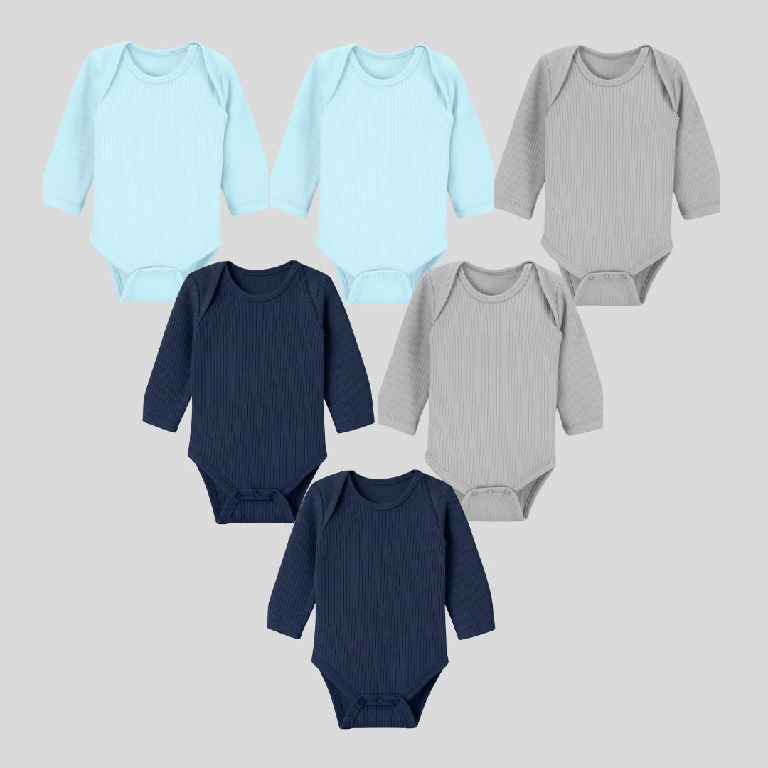 Pack Of 6 Thermal Rompers (Grey + Sky + Navy)