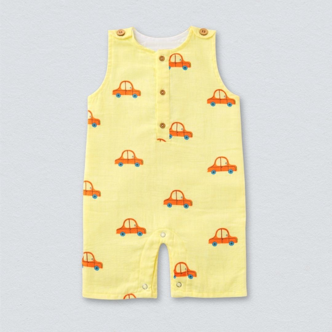 Cars Muslin Double Layer Romper with a cute car print on a light background.