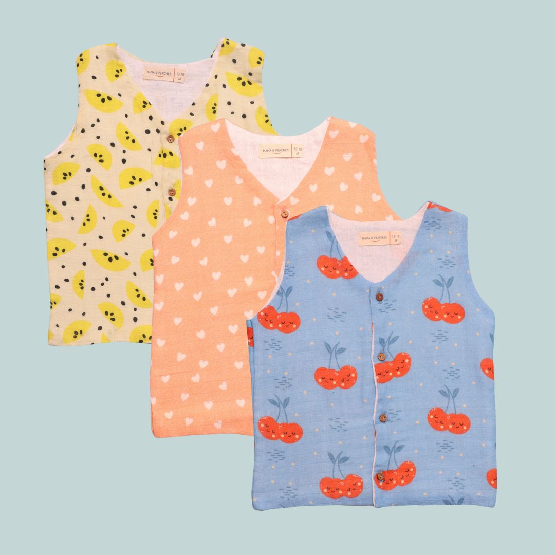 Pack of 3 Muslin Jhablas (Yellow Lemons + Hearts + Cherryful)