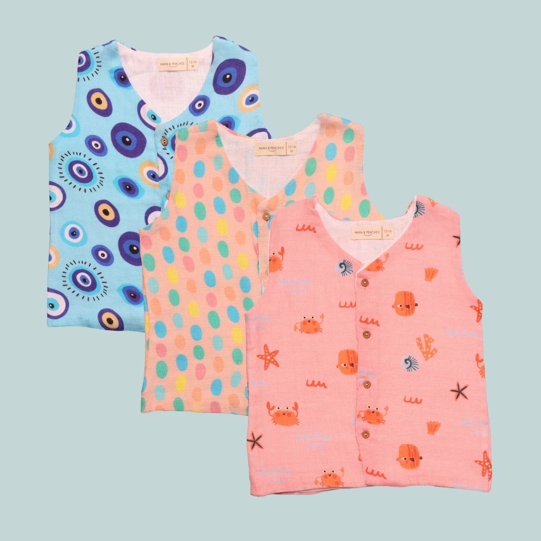 Pack of 3 Muslin Jhablas (Polka Dots + Crabs + Blue Evil Eye)