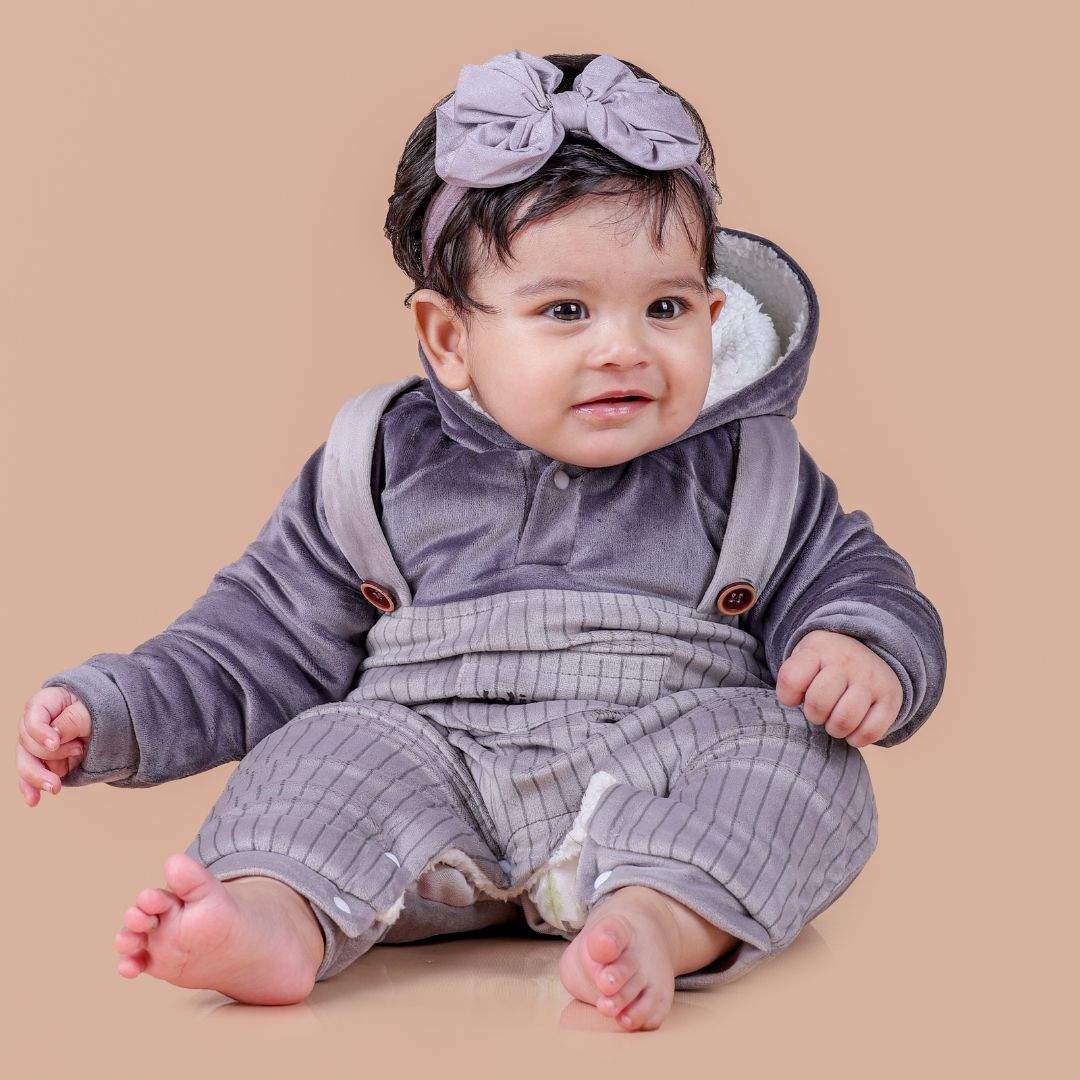 Winnie Velvet Romper With Sherpa - Grey