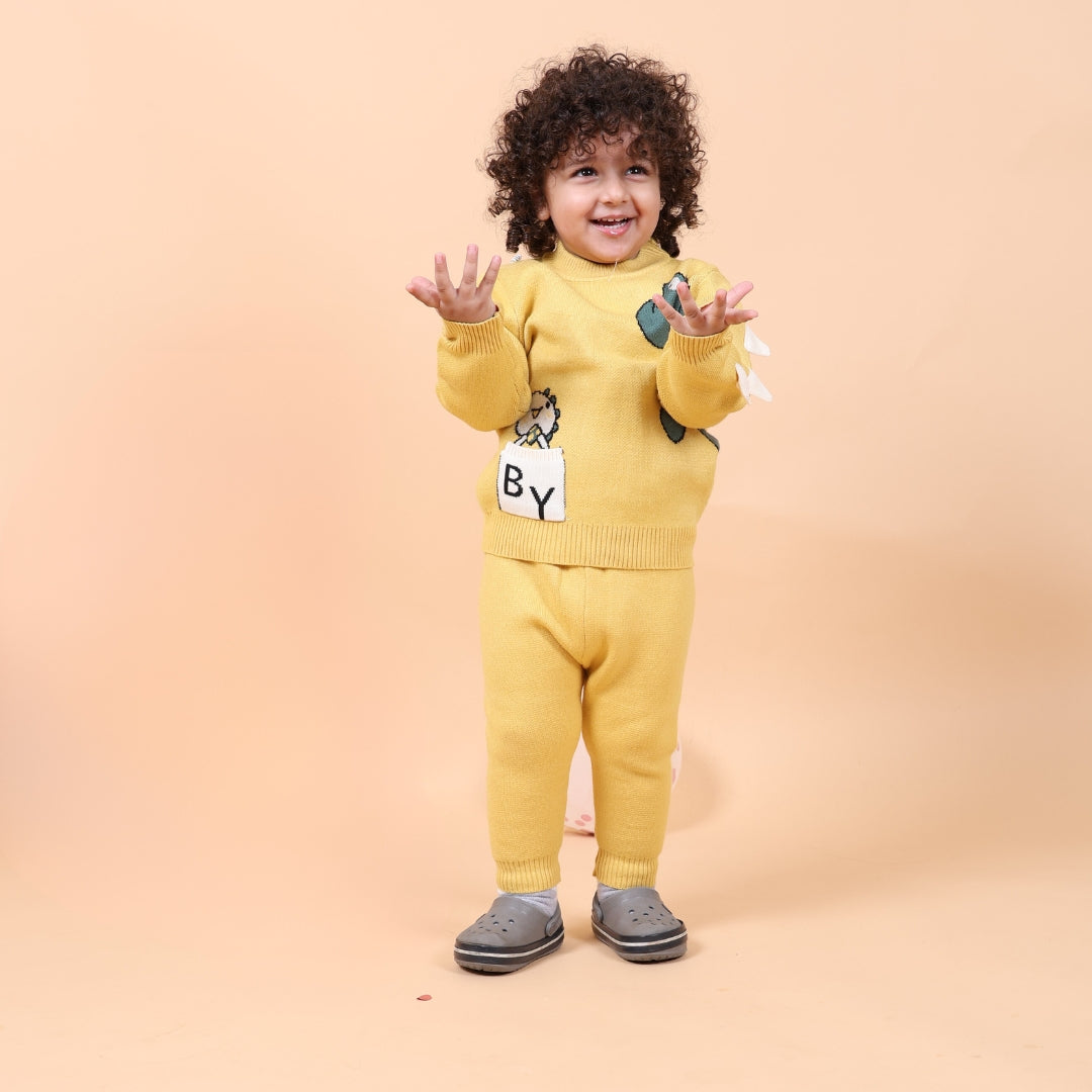 Cute Dino Knitted Winter Co-Ord Set- Yellow