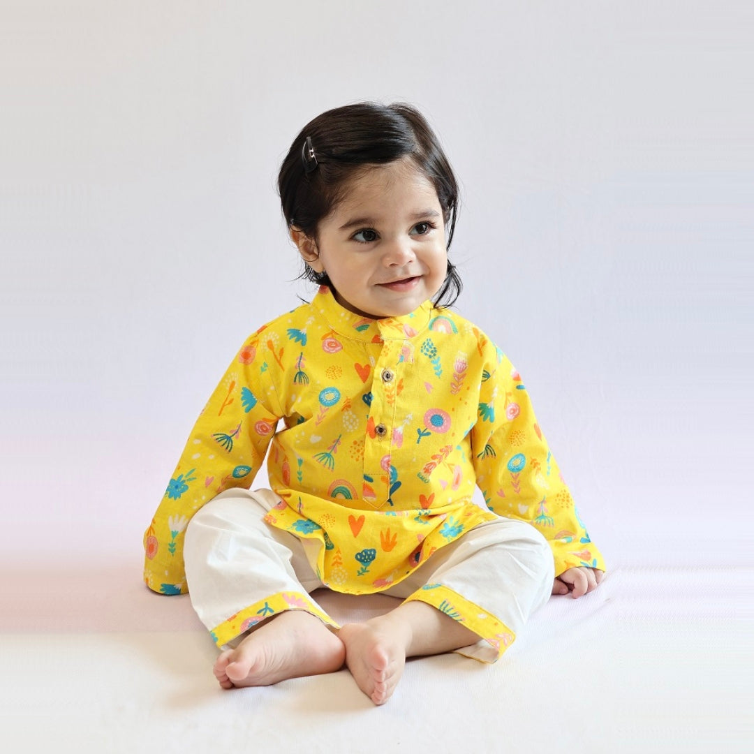 Yellow Floral Cotton Kurta Set