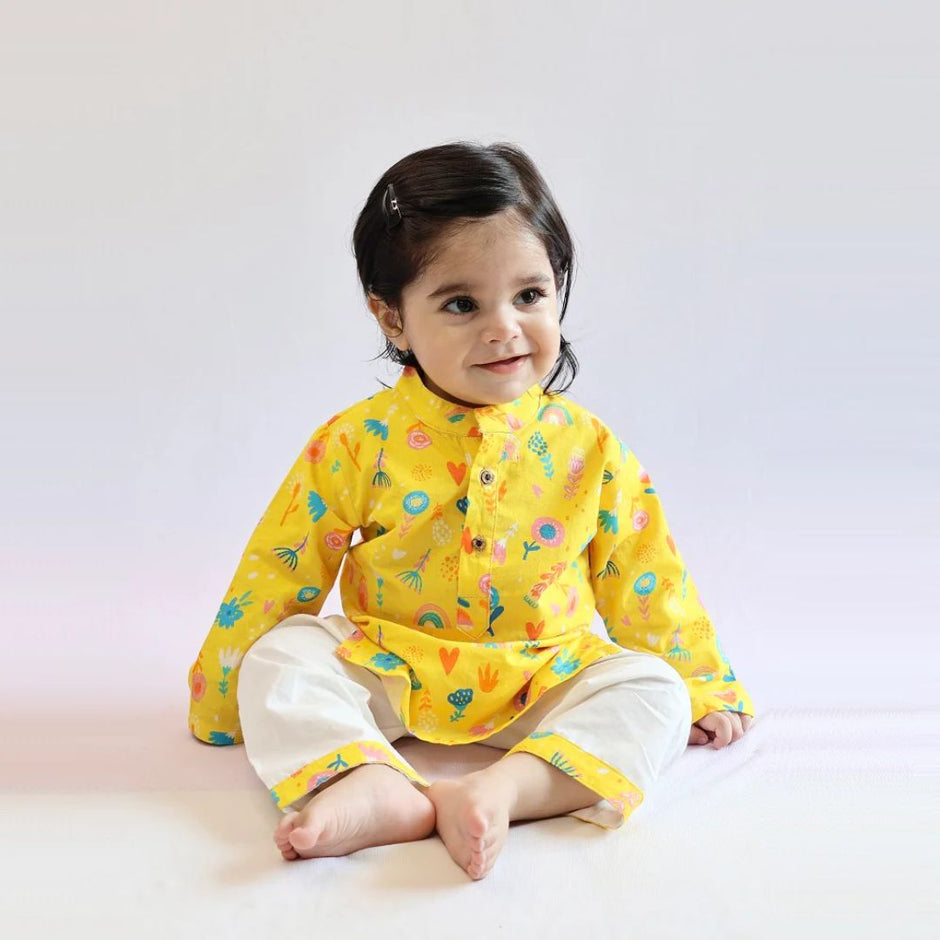 Babyhug Cotton Woven Cambric Full Sleeves Dobby Embroiderd Kurta Pyjama Set - Yellow