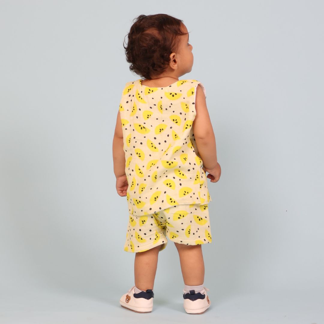 100% Cotton Muslin Jhabla Top with Shorts, Yellow Lemons