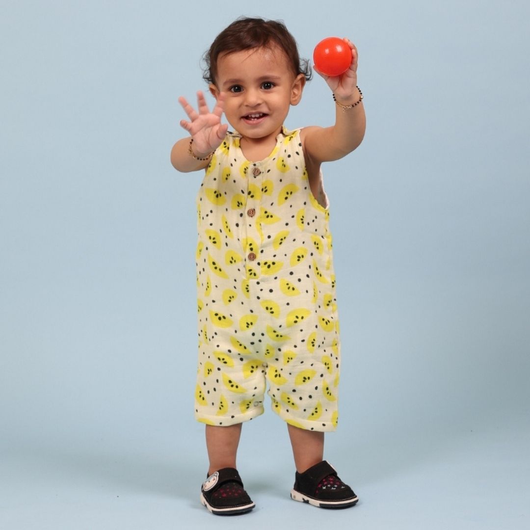 100% Cotton Muslin Double Layer Romper, Yellow Lemons