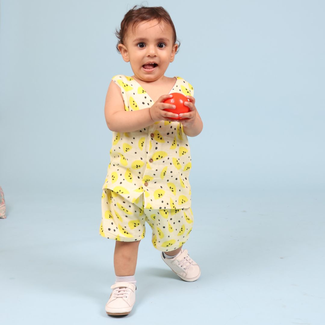 100% Cotton Muslin Jhabla Top with Shorts, Yellow Lemons