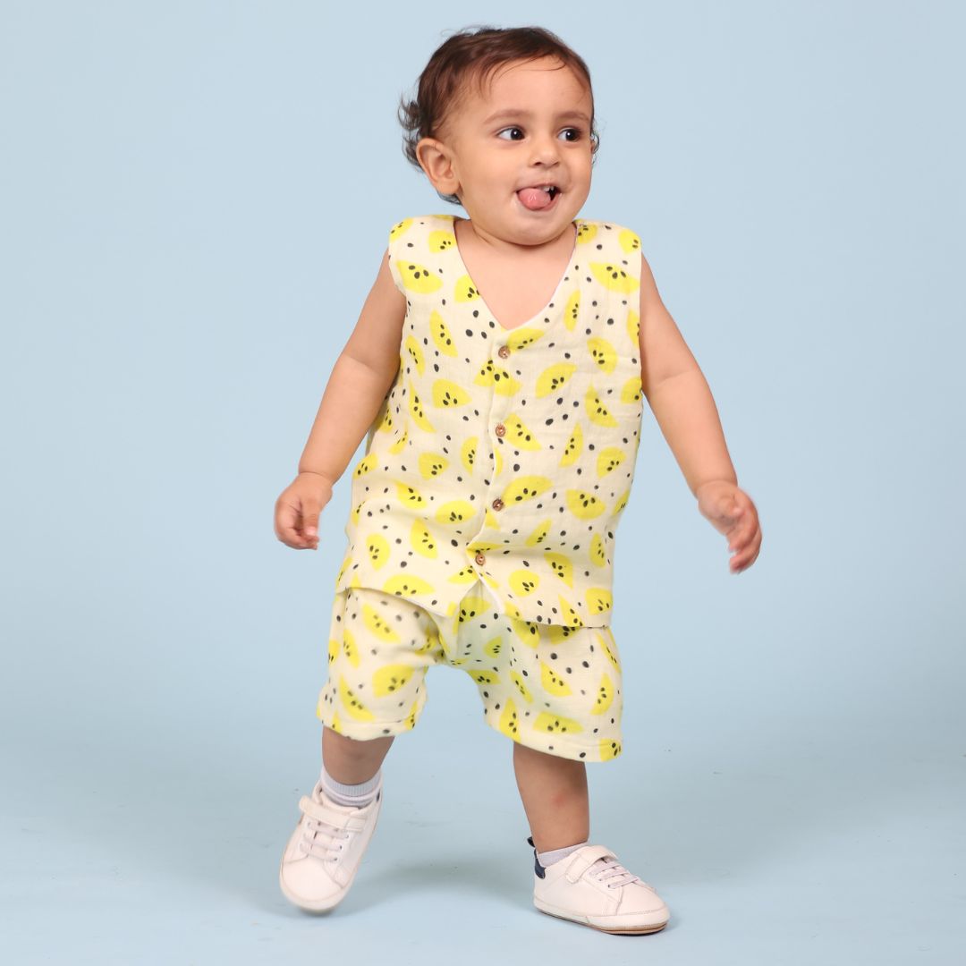 100% Cotton Muslin Jhabla Top with Shorts, Yellow Lemons