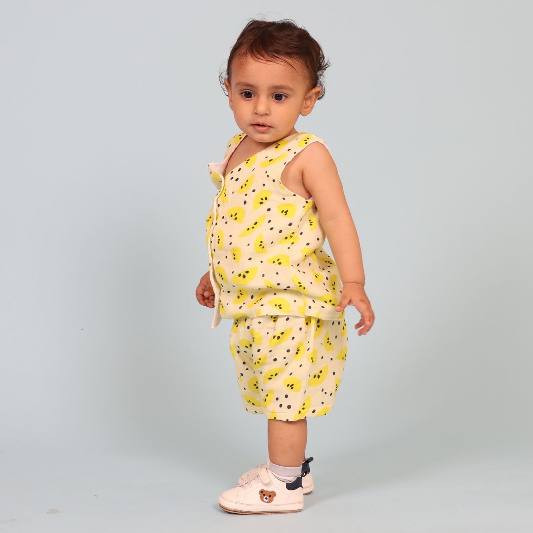 100% Cotton Muslin Jhabla Top with Shorts, Yellow Lemons