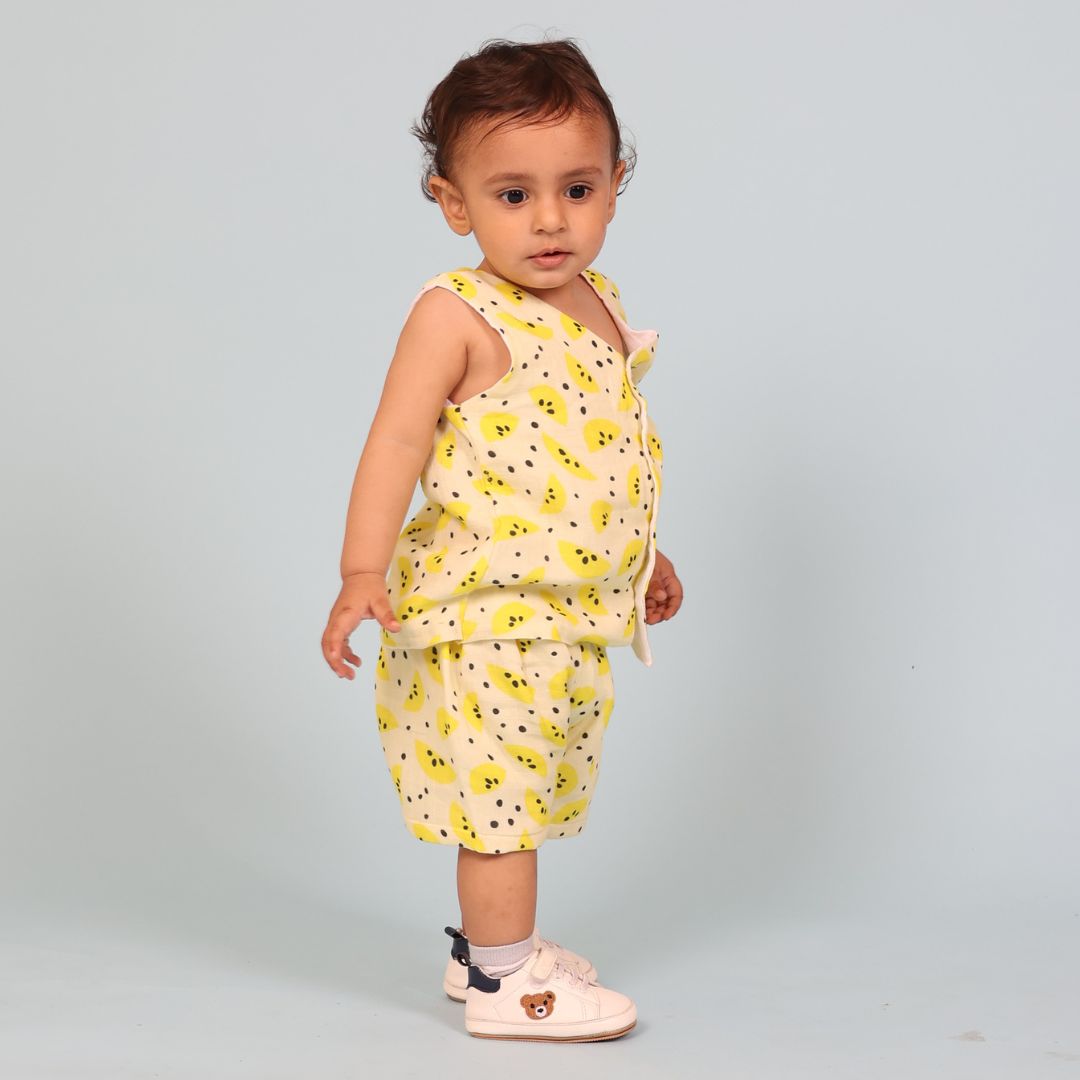 100% Cotton Muslin Jhabla Top with Shorts, Yellow Lemons