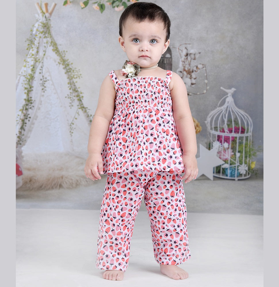 Smocked Kurta with Wide Pants in Strawberry