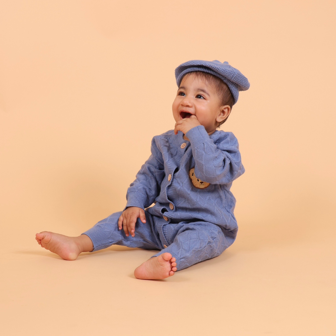 Blue Cable Knitted Romper with Cap