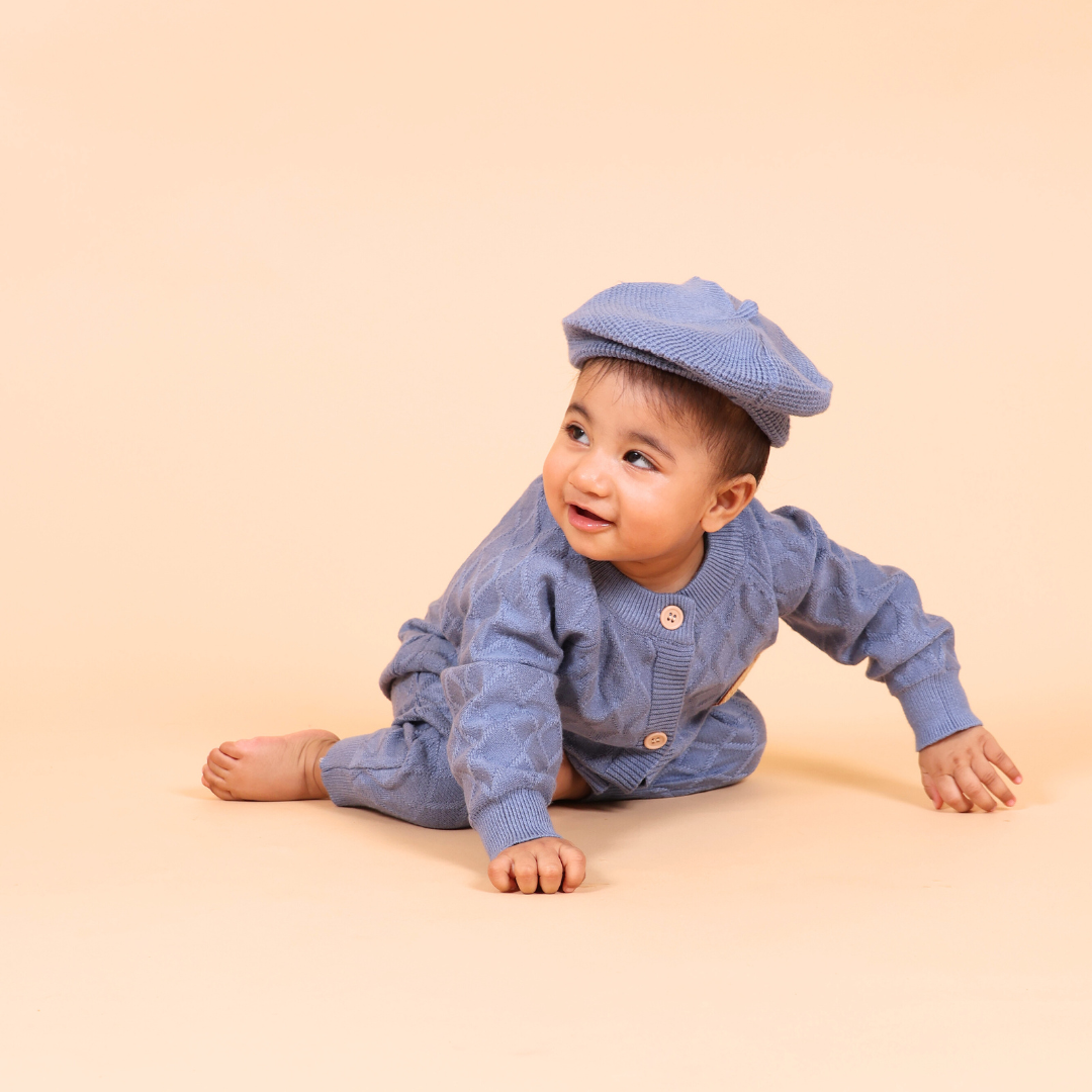 Mama &amp; Peaches Blue Cable Knitted Romper with Cap