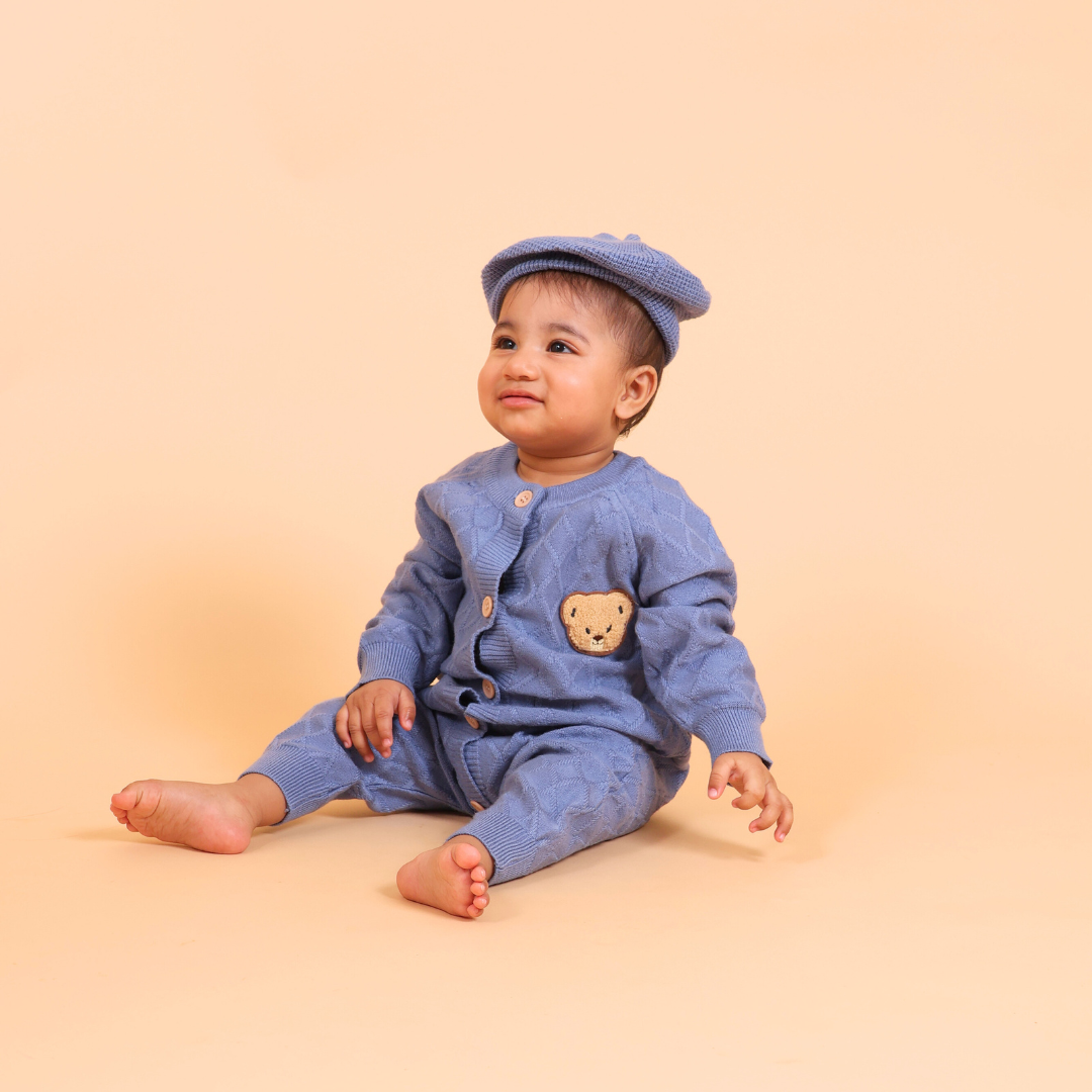 Blue Cable Knitted Winter Romper with Cap