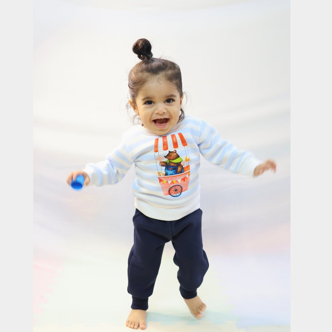 Blue Striped Circus Bear Sweatshirt + Joggers Set (3-6m)