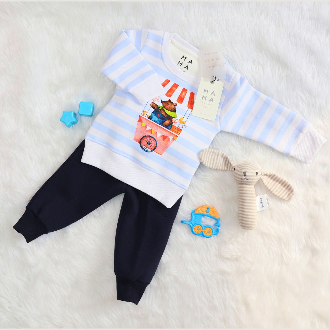 Blue Striped Circus Bear Sweatshirt + Joggers Set (3-6m)