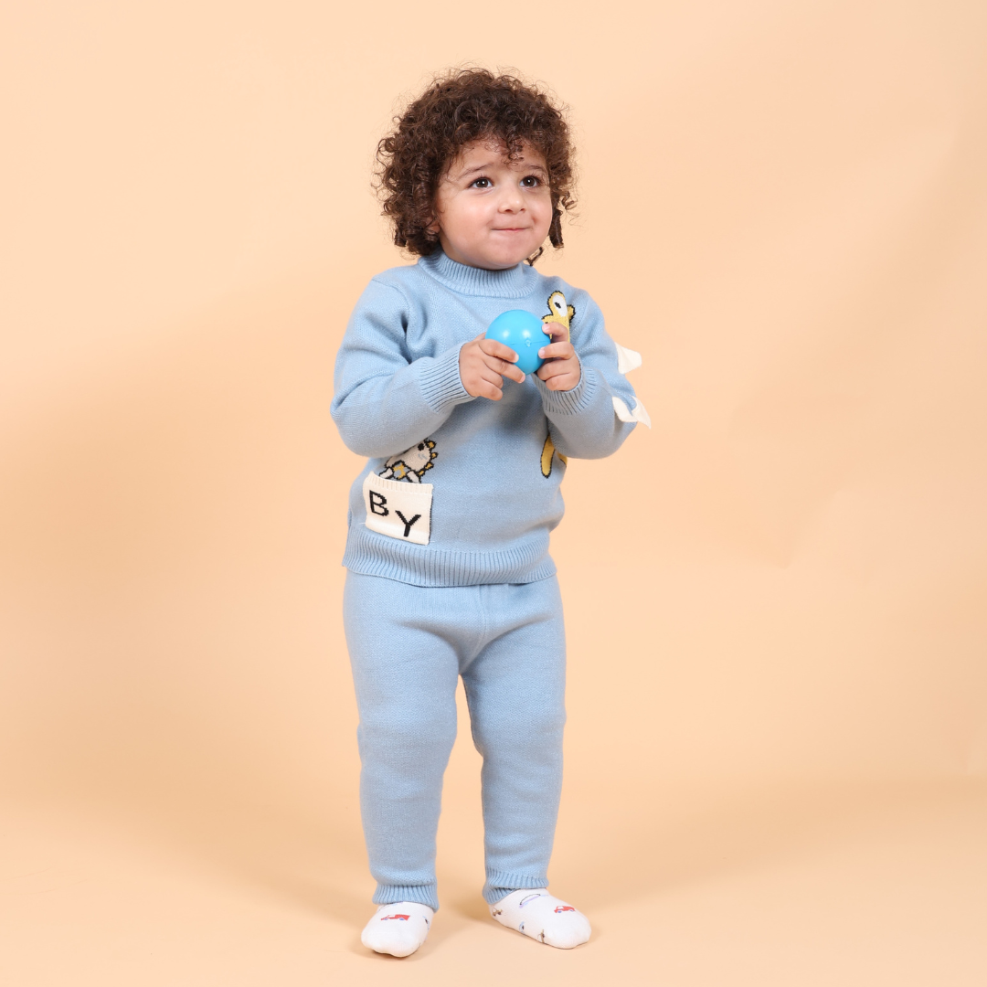 Cute Dino Knitted Co-ord Set- Blue