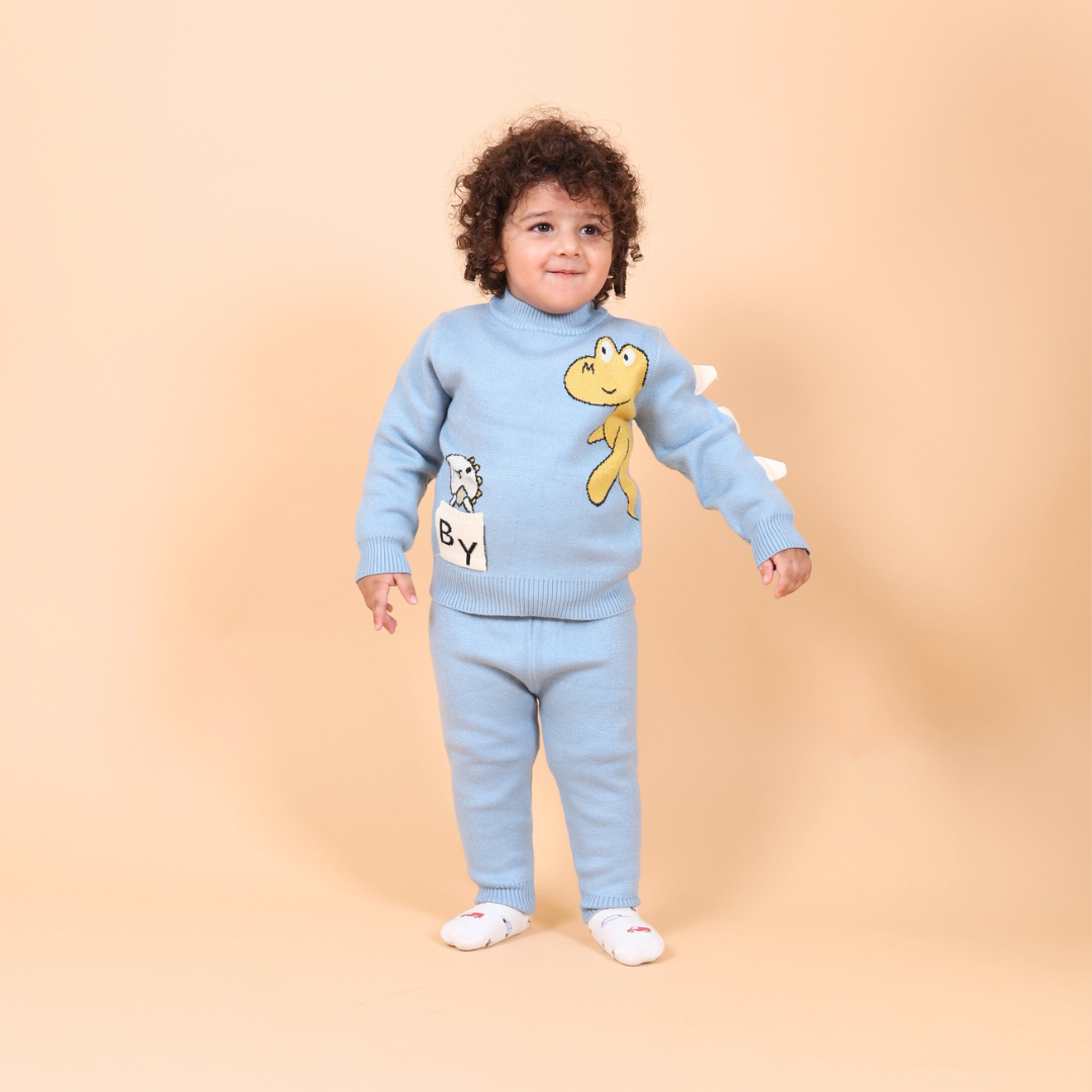 Cute Dino Knitted Co-ord Set- Blue