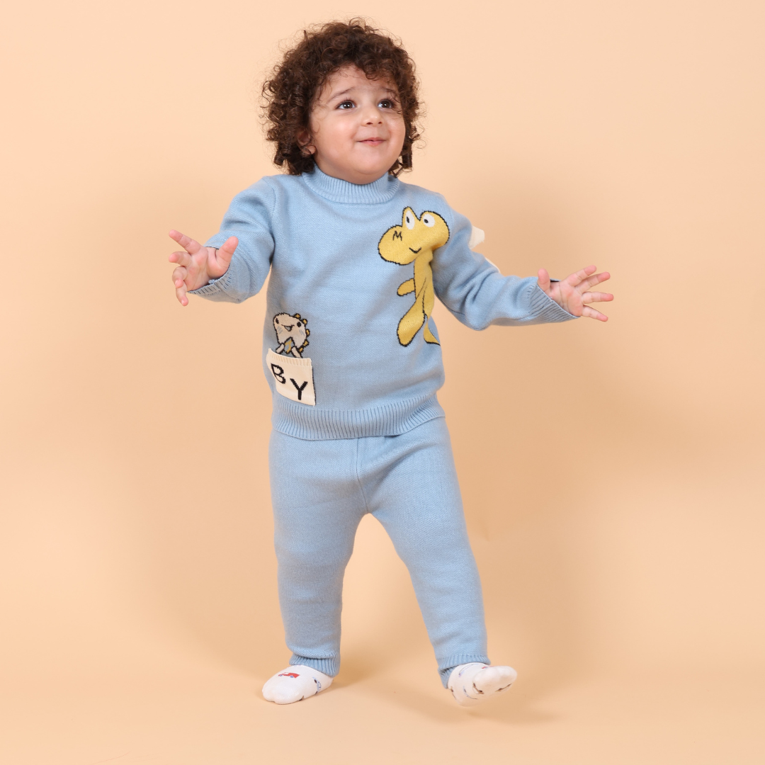 Cute Dino Knitted Co-ord Set- Blue