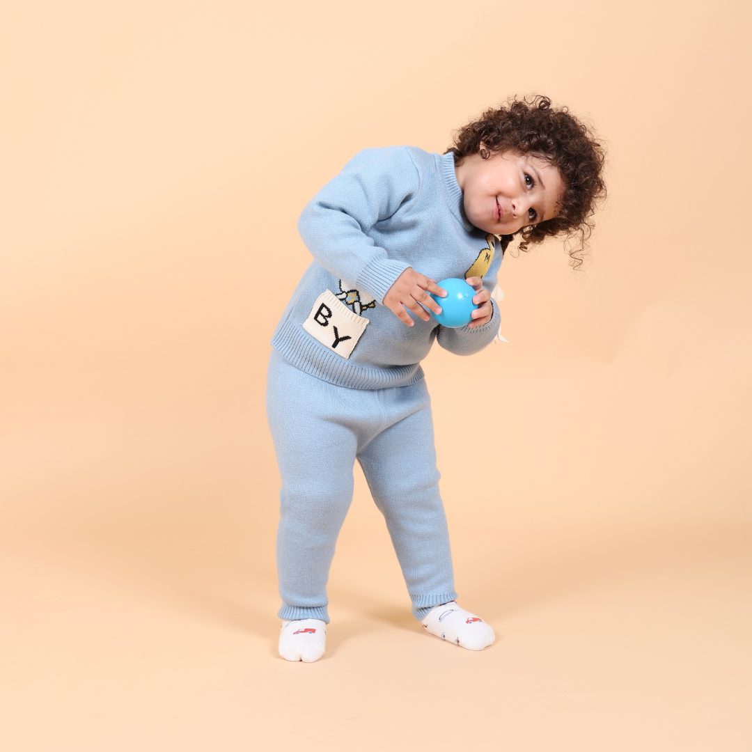 Cute Dino Knitted Co-ord Set- Blue