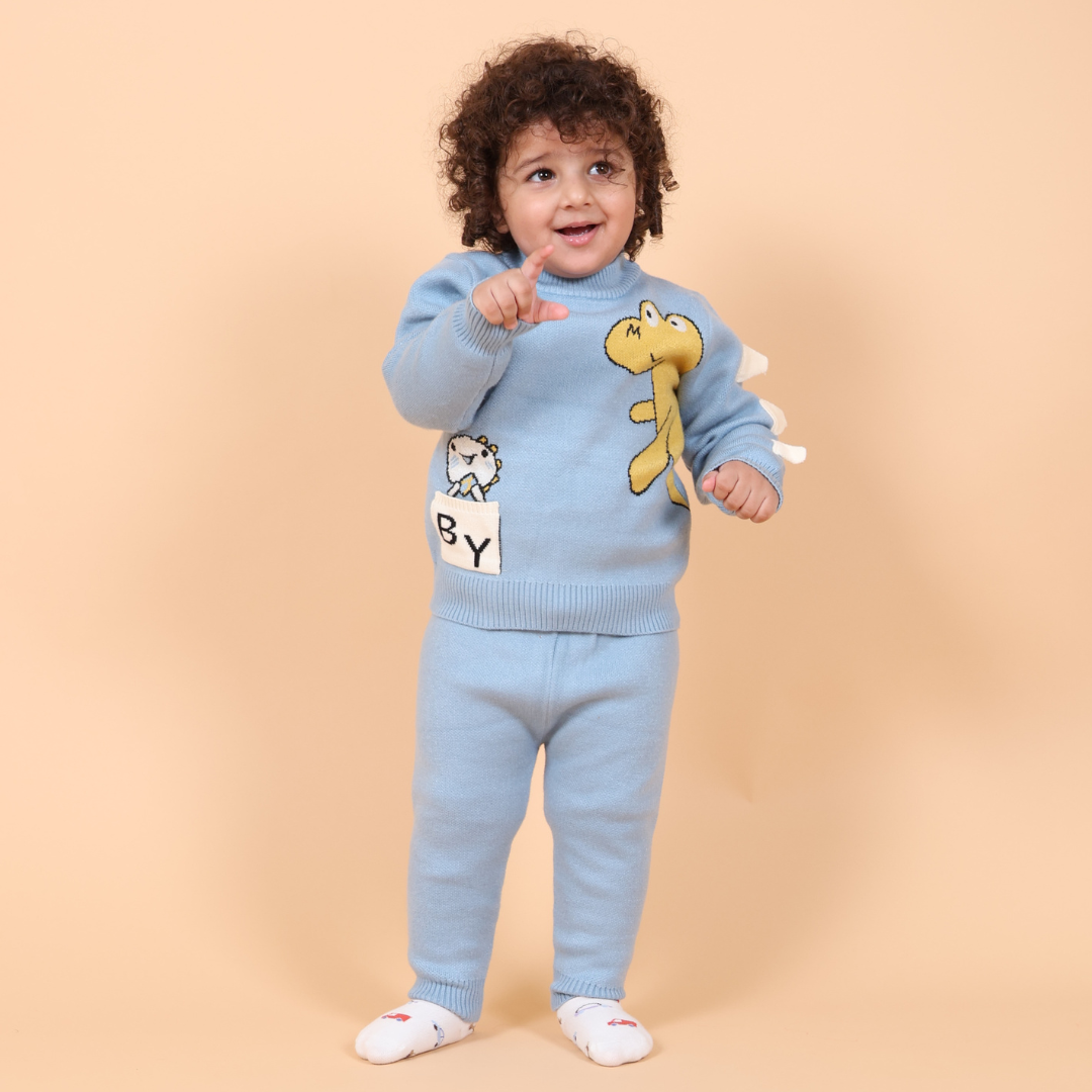 Cute Dino Knitted Co-ord Set- Blue