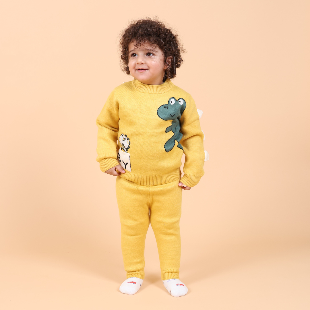 Cute Dino Knitted Co-ord Set- Yellow