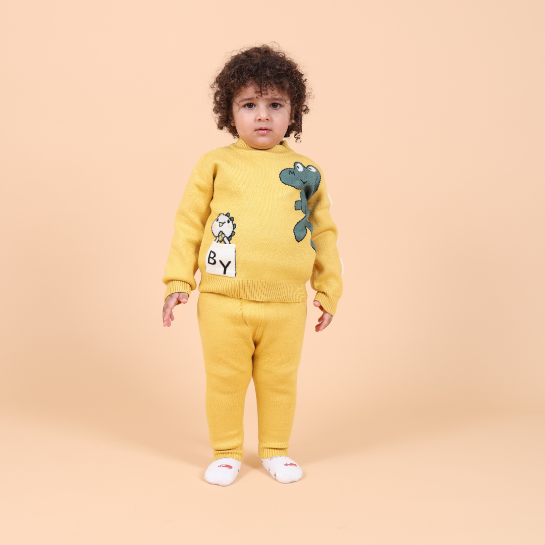 Mama &amp; Peaches Cute Dino Knitted Co-ord Set- Yellow