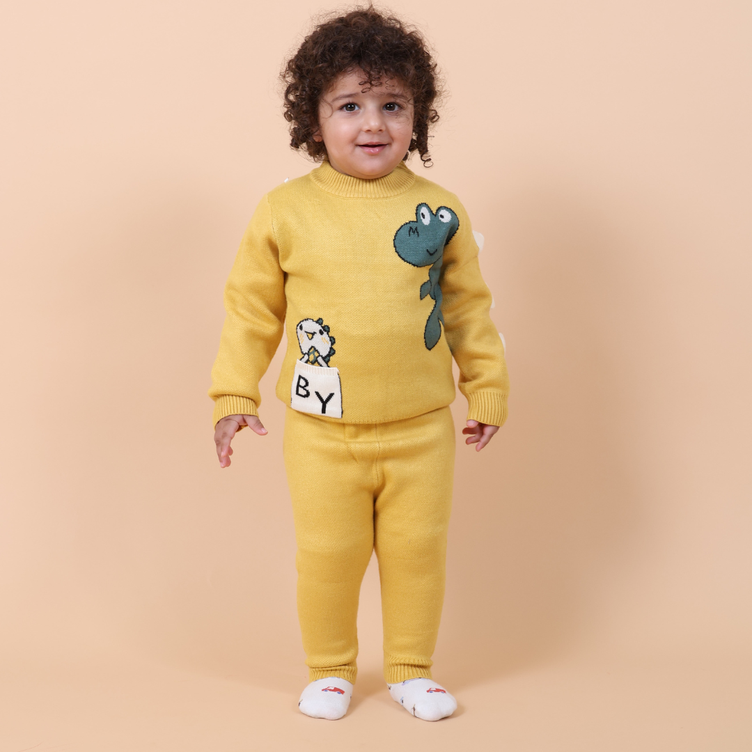 Cute Dino Knitted Co-ord Set- Yellow