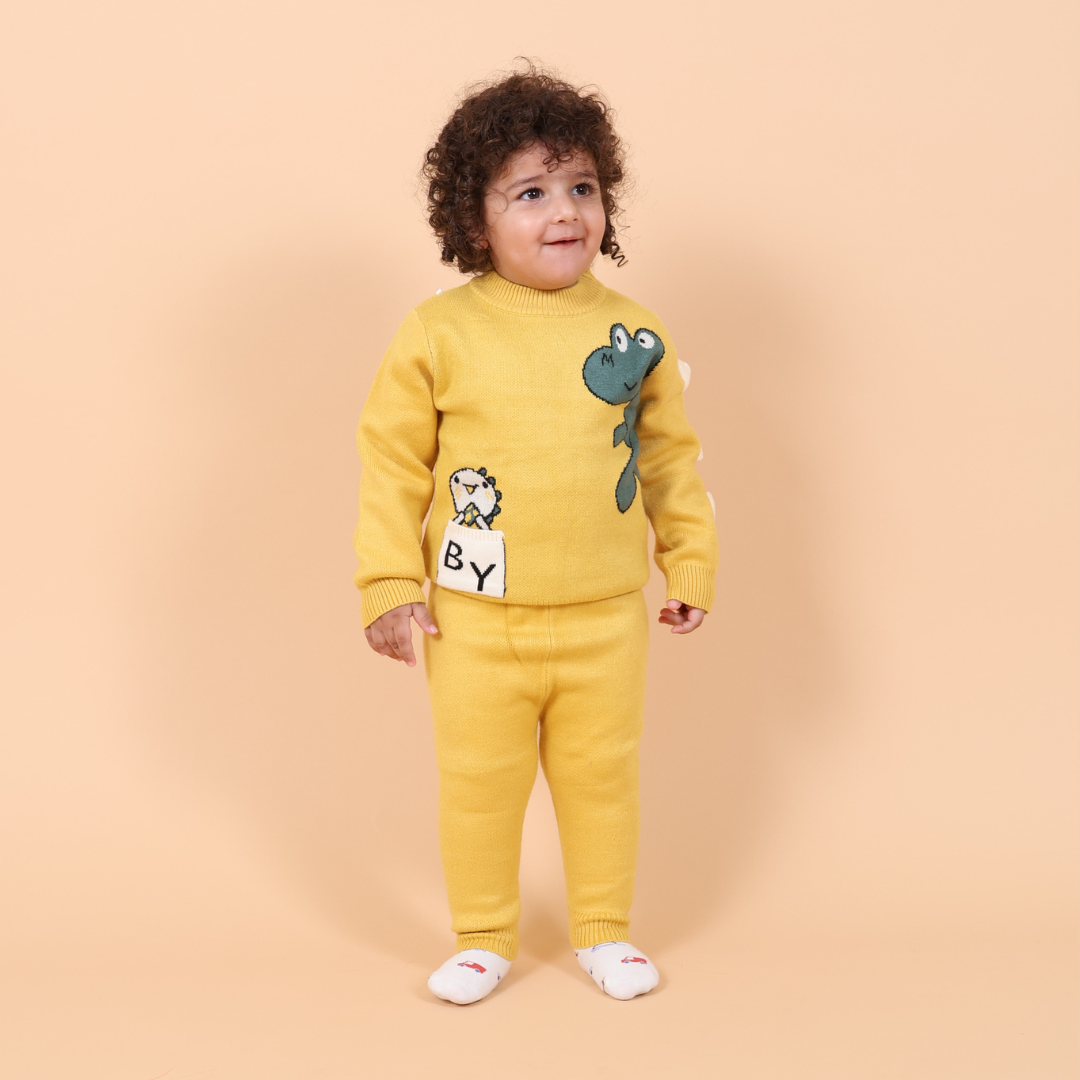 Mama &amp; Peaches Cute Dino Knitted Co-ord Set- Yellow