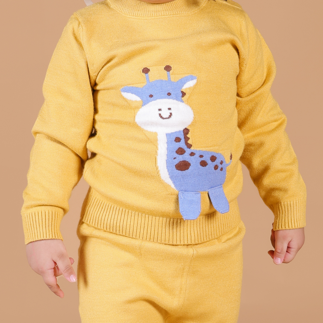 Cute Giraffe Knitted Winter Co-Ord Set - Mustard