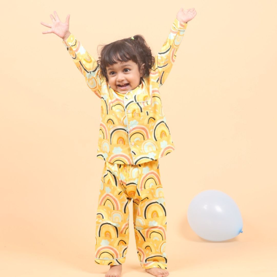 Mama &amp; Peaches Dancing Rainbows Orange Full Sleeve Night Suit