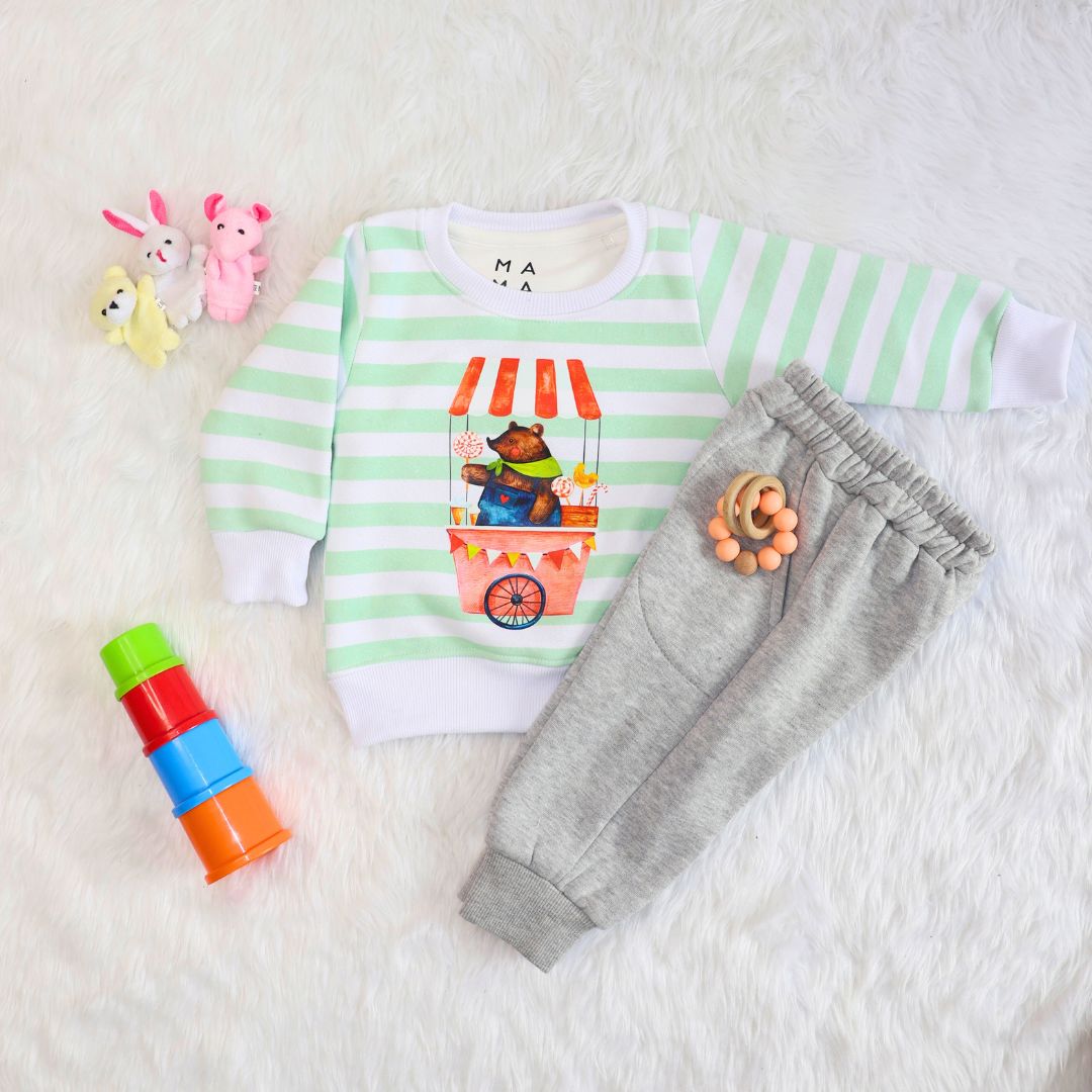 Green Striped Circus Bear 2-piece Sweatshirt Set